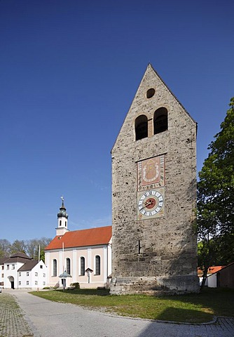 Gatehouse and church, Benedictine monastery Kloster Wessobrunn, Pfaffenwinkel, Upper Bavaria, Bavaria, Germany, Europe