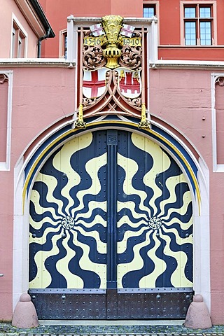 Gate to the court with the city seal and coat of arms, Haus zum Walfisch house, old town of Freiburg im Breisgau, Baden-Wuerttemberg, Germany, Europe