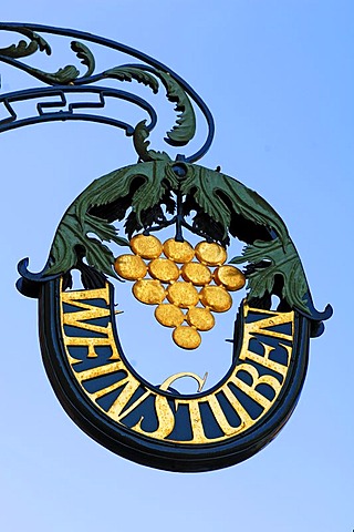 Hanging sign of Heiliggeist Spital wine bar against a blue sky, Spitalgasse 16, Nuremberg, Middle Franconia, Bavaria, Germany, Europe