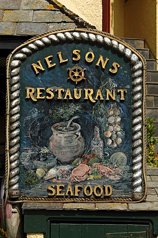 Restaurant sign, Nelson's Restaurant, Saxon Bridge, Big Green, Polperro, Cornwall, England, United Kingdom, Europe