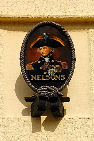 Painted portrait of Lord Nelson as a restaurant sign, Nelson's Restaurant, Saxon Bridge, Big Green, Polperro, Cornwall, England, United Kingdom, Europe