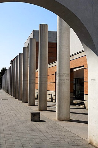 Way of Human Rights outdoor sculpture, 27 concrete columns with articles of the Universal Declaration of Human Rights of 1948 as inscriptions, Germanisches Nationalmuseum on the left, Kartaeusergasse street, Nuremberg, Middle Franconia, Bavaria, Germany, 