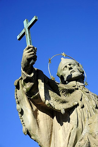 Saint with cross, statue of St. John of Nepomuk, Alte Mainbruecke bridge, Wuerzburg, Lower Franconia, Bavaria, Germany, Europe