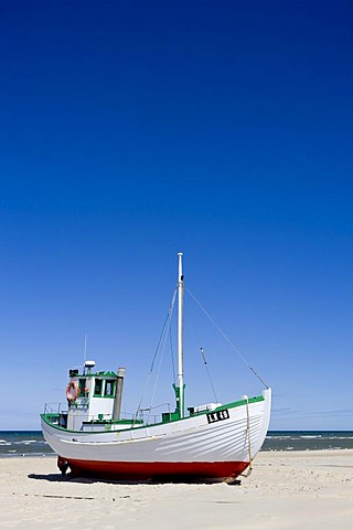 Fishing cutter on the beach in Loekken or Lokken, Northern Jutland, Denmark, Europe