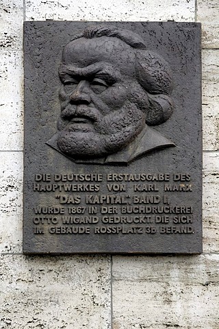 Plaque commemorating the first edition of "The Capital, Volume I" by Karl Marx, Rossplatz, Leipzig, Saxony, Germany, Europe