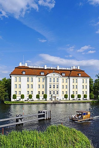 Raft on the Dahme River in front of Schloss Koepenick Palace, Berlin, Germany, Europe