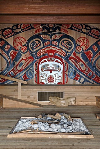 Wall painting with white grizzly and orca behind a fireplace, community center, First Nation village of the Gitga'ata people, Tsimshian, Hartley Bay, British Columbia, Canada, North America