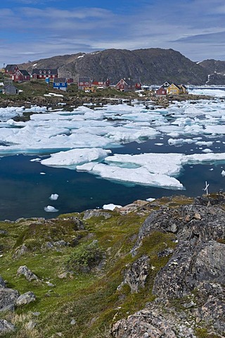 Ice floes, houses, Kulusuk, East Greenland, Greenland