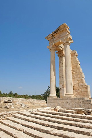 Archeology, ancient Greece, Sanctuary of Apollo Hylates, stairs, ruins, two columns, temples, Nabataean capitals, near Kourion, Cyprus, Europe