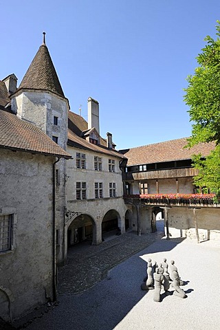 Courtyard of Chateau de Gruyeres castle, Gruyeres, Fribourg, Switzerland, Europe