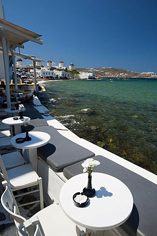 Restaurant terrace, Little Venice, Mykonos Town or Chora, Mykonos, Cyclades, Greece, Europe