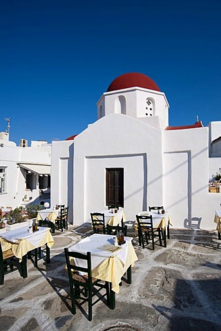 Restaurant terrace, Mykonos Town or Chora, Mykonos, Cyclades, Greece, Europe