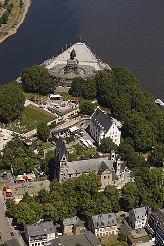 Aerial view, Blumenhof restaurant, St. Kastor Basilica, Ludwig-Museum and Deutsches Eck, German Corner, amidst the site of the Bundesgartenschau, Federal Garden Show, BUGA 2011, Koblenz, Rhineland-Palatinate, Germany, Europe