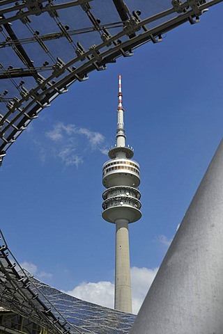 Roof structure, Olympiahalle Olympic Hall and Olympiaturm Olympic Tower in Munich, Bavaria, Germany, Europe