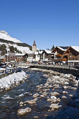 Shops and hotels in the town center, Lech River, Lech am Arlberg, Vorarlberg, Austria, Europe