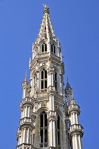 Gothic tower of the city hall, Grand Place or Grote Markt, UNESCO World Heritage Site, Brussels, Belgium, Benelux, Europe