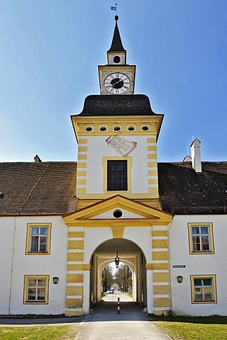 Entrance with tower clock, Altes Schloss Schleissheim Palace, near Munich, Bavaria, Germany, Europe