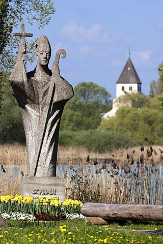 Statue of Saint Pirmin at the entrance of Reichenau Island, facing the Church of St. Georg, Reichenau Island, Konstanz district, Baden-Wuerttemberg, Germany, Europe