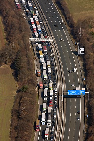 Aerial view, Autobahn A1 motorway, traffic jam with trucks, road works, Holzwickede, North Rhine-Westphalia, Germany, Europe