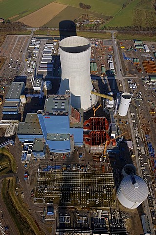 Aerial view, Kohlekraftwerk EON Datteln 4 coal power plant, on the Dortmund-Ems Canal, building freeze, Castrop-Rauxel, Ruhrgebiet region, North Rhine-Westphalia, Germany, Europe