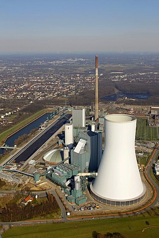 Aerial view, Kraftwerk Walsum coal power plant, Evonik STEAG, Rhine river, Ruhrgebiet region, North Rhine-Westphalia, Germany, Europe