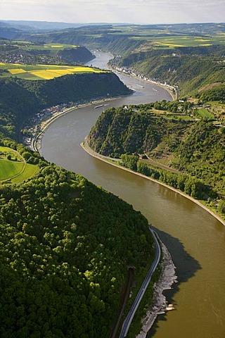 Aerial view, Loreley rock, Oberwesel, Rhine River, low water, Upper Middle Rhine Valley World Heritage site, Rhineland-Palatinate, Germany, Europe