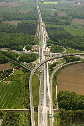 Aerial view, motorway intersection, A43 motorway, B51 motorway, Muensterland region, North Rhine-Westphalia, Germany, Europe