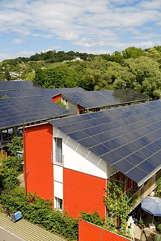 Passive solar houses with solar collectors on the roofs, by architect Rolf Disch, Vauban district, Freiburg im Breisgau, Baden-Wuerttemberg, Germany, Europe