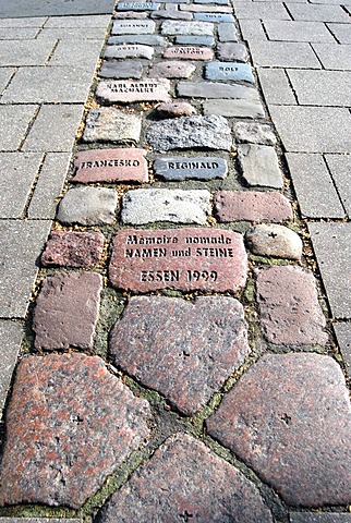 Spur II, installation, cobblestones with names reminiscent of people who have died of AIDS, part of the project Denkraum, thinking space, stones and names from the German AIDS Foundation, inner city Essen, North Rhine-Westphalia, Germany, Europe