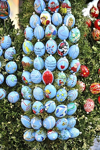 Easter eggs on an easter fountain, Schechingen, Baden-Wuerttemberg, Germany, Europe