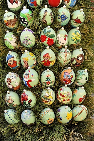 Easter eggs on an easter fountain, Schechingen, Baden-Wuerttemberg, Germany, Europe