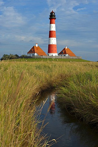 Canal in front of the lighthouse, Westerhever, North Friesland, Schleswig-Holstein, Germany, Europe, PublicGround