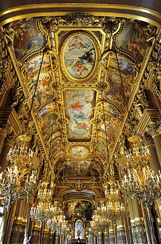 Interior, Grand Foyer with ceiling painting by Paul Baudry with motifs from musical history, Opera Palais Garnier opera, Paris, France, Europe