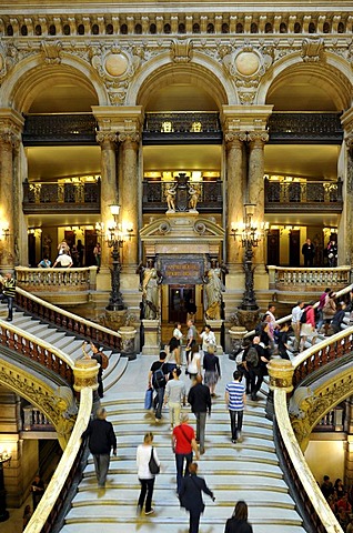 Interior, tourists on the rococo marble staircase, foyer, Opera Palais Garnier opera, Paris, France, Europe