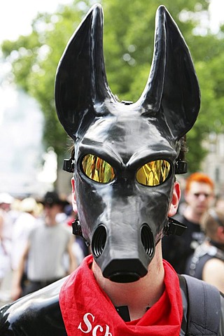 Man wearing a rubber mask, Petplay, BDSM, Christopher Street Day, Cologne, North Rhine-Westphalia, Germany, Europe