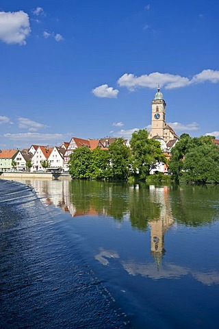 Cityscape with the Neckar River and the Town Church of Saint Lawrence, Nuertingen, Swabian Alb, Baden-Wuerttemberg, Germany, Europe