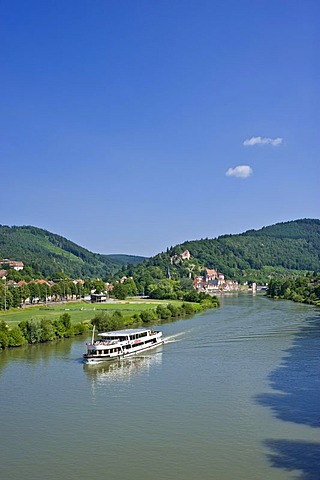 Townscape with the Neckar river and a pleasure boat, Hirschhorn, Neckartal Odenwald Nature Park, Hesse, Germany, Europe