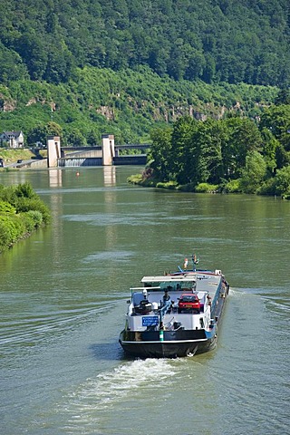 Townscape with the Neckar river and a cargo ship, Hirschhorn, Neckartal Odenwald Nature Park, Hesse, Germany, Europe