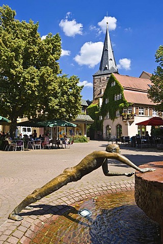 Haspelturm or Badturm tower on Lindenplatz square, Eberbach, Rhein-Neckar-Kreis district, Baden-Wuerttemberg, Germany, Europe