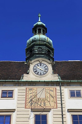 Sundial, astronomical clock on the facade of Amalienborg Castle, Hofburg, Imperial Palace, Vienna, Austria, Europe