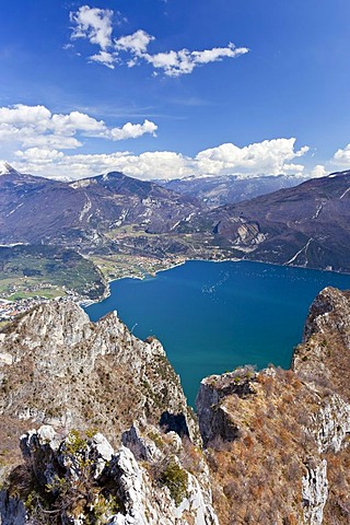 Cima Rocca fixed rope route, view of Lake Garda, Riva and Nago-Torbole, province of Trento, Italy, Europe