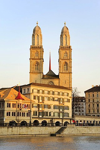 The twin towers of the Grossmuenster great minster in the old town of Zurich, Canton Zurich, Switzerland, Europe