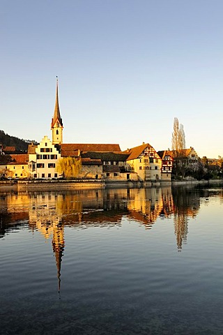 View over the Rhine to the monastery of St. George in the old town of Stein am Rhein, Canton Schaffhausen, Switzerland, Europe