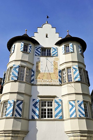 Haus zum Thiergarten building with a sundial in the old town of Schaffhausen, Canton Schaffhausen, Switzerland, Europe