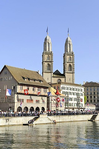 Limmat River, with Limmatquai quay and the Zunfthaus zum Rueden guildhall, the two steeples of Grossmuenster church at the back, historic district of Zurich, Canton of Zurich, Switzerland, Europe