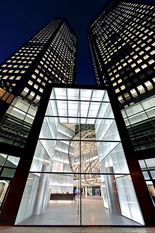 Main entrance and portal of the renovated Deutsche Bank at night, Frankfurt am Main, Hesse, Germany, Europe