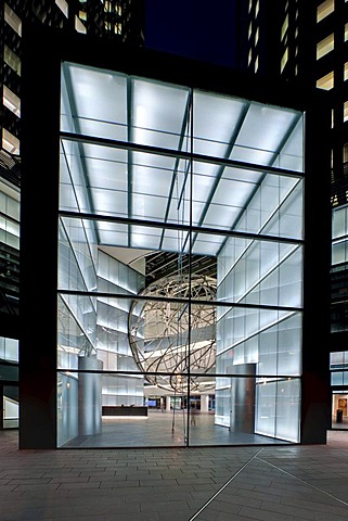 Main entrance and portal of the renovated Deutsche Bank at night, Frankfurt am Main, Hesse, Germany, Europe