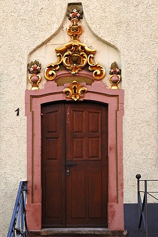 Old entrance door of a stately house, Kirchstrasse street 1, Ettenheim, Baden-Wuerttemberg, Germany, Europe