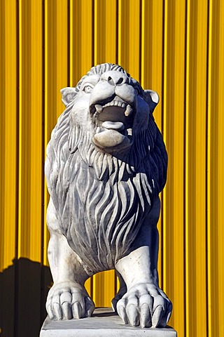 Large lion sculpture in front of yellow metal panels, Herbolzheim, Baden-Wuerttemberg, Germany, Europe