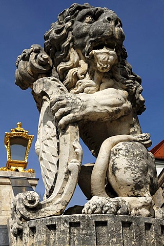 Lion sculpture with Bavarian coat of arms on the stairs, park side of Schloss Nymphenburg Palace, Schlossrondell, Munich, Bavaria, Germany, Europe